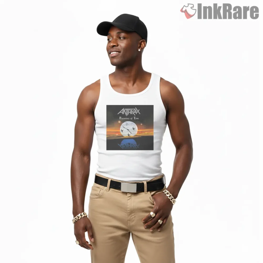 Anthrax Persistence Of Time Album Art Shirt on white tank top for men graphic tee