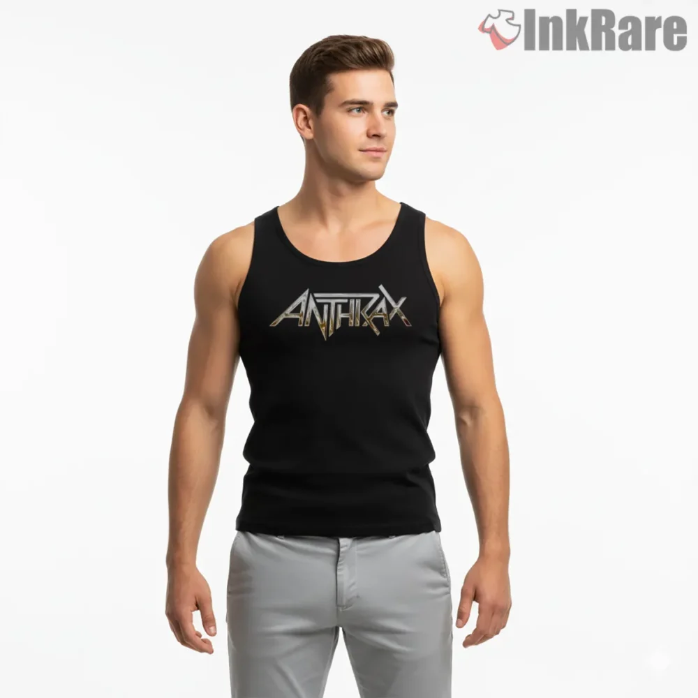 Anthrax Pop Rock Gold Logo Burst Shirt on black tank top for men graphic tee