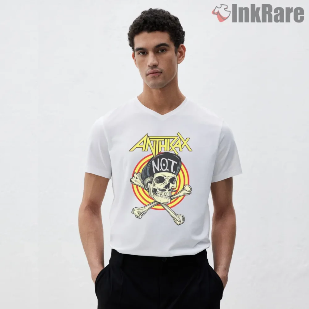 Anthrax Punk Never Fail Skull Circle Shirt on white v-neck shirt for men graphic tee