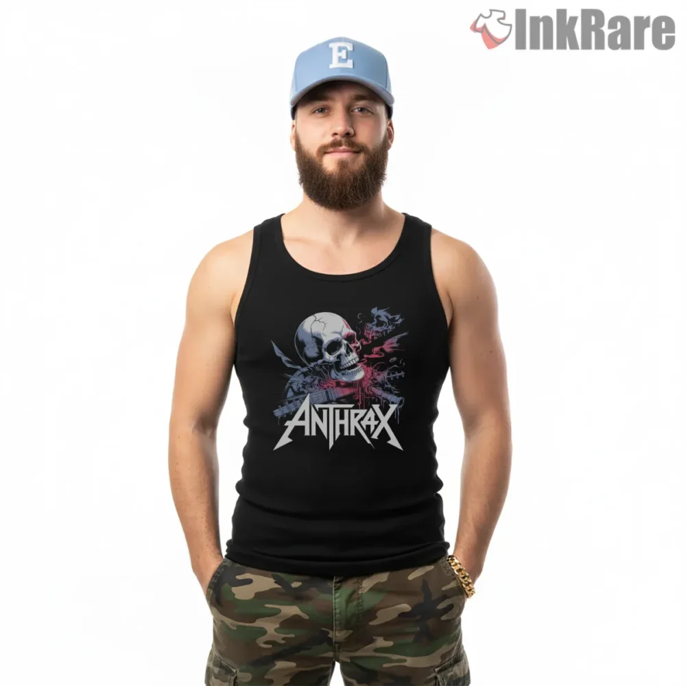 Anthrax Purple Smoke Skull Guitar Shirt on black tank top for men graphic tee