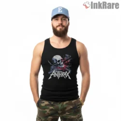 Anthrax Purple Smoke Skull Guitar Shirt on black tank top for men graphic tee