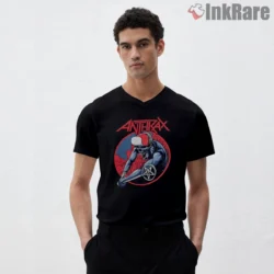 Anthrax Red Circle Thrash Skater Skull Shirt on black v-neck shirt for men graphic tee