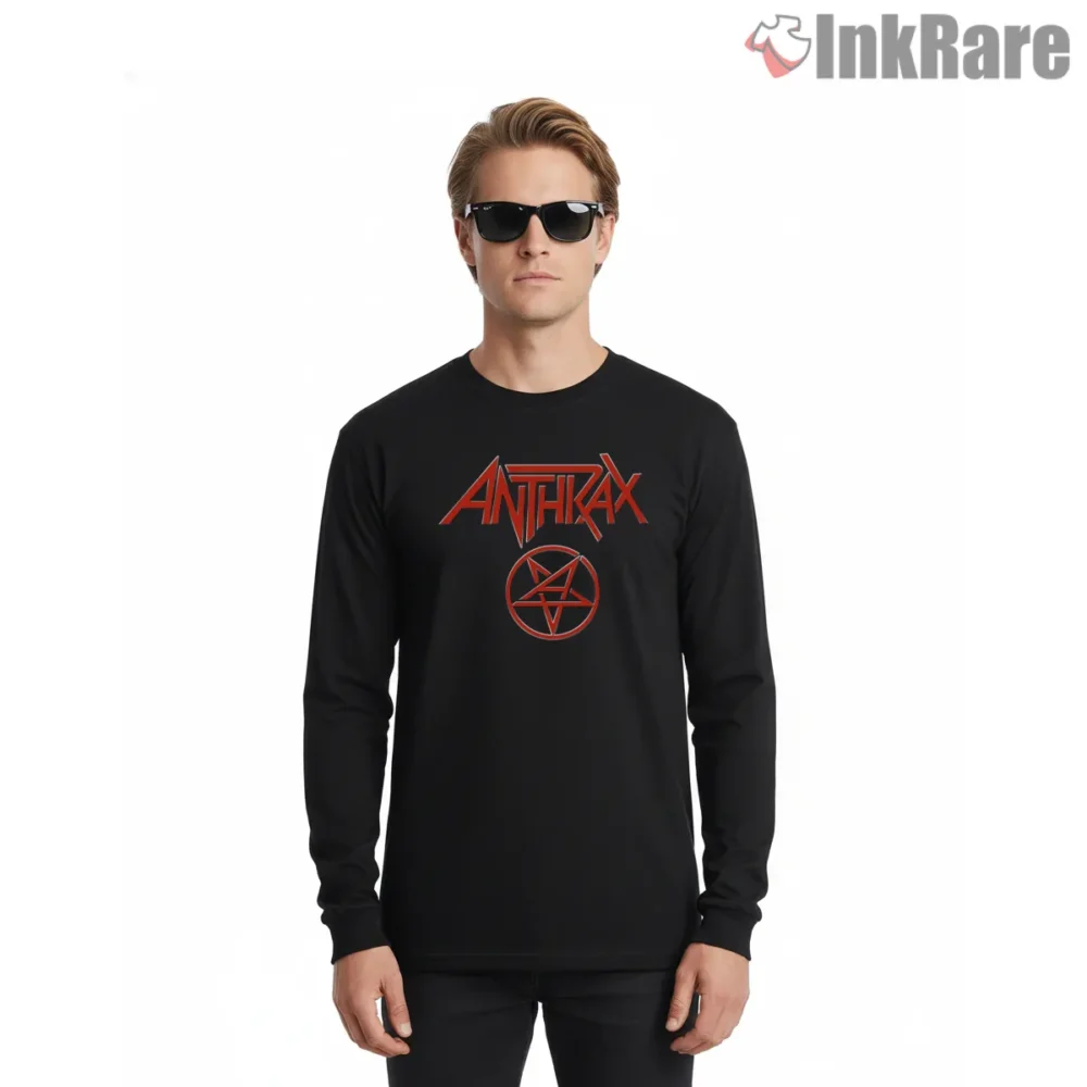 Anthrax Red Pentagram Circle Logo Shirt on black long sleeve shirt for men graphic tee