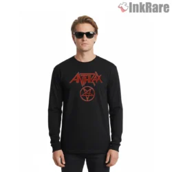 Anthrax Red Pentagram Circle Logo Shirt on black long sleeve shirt for men graphic tee