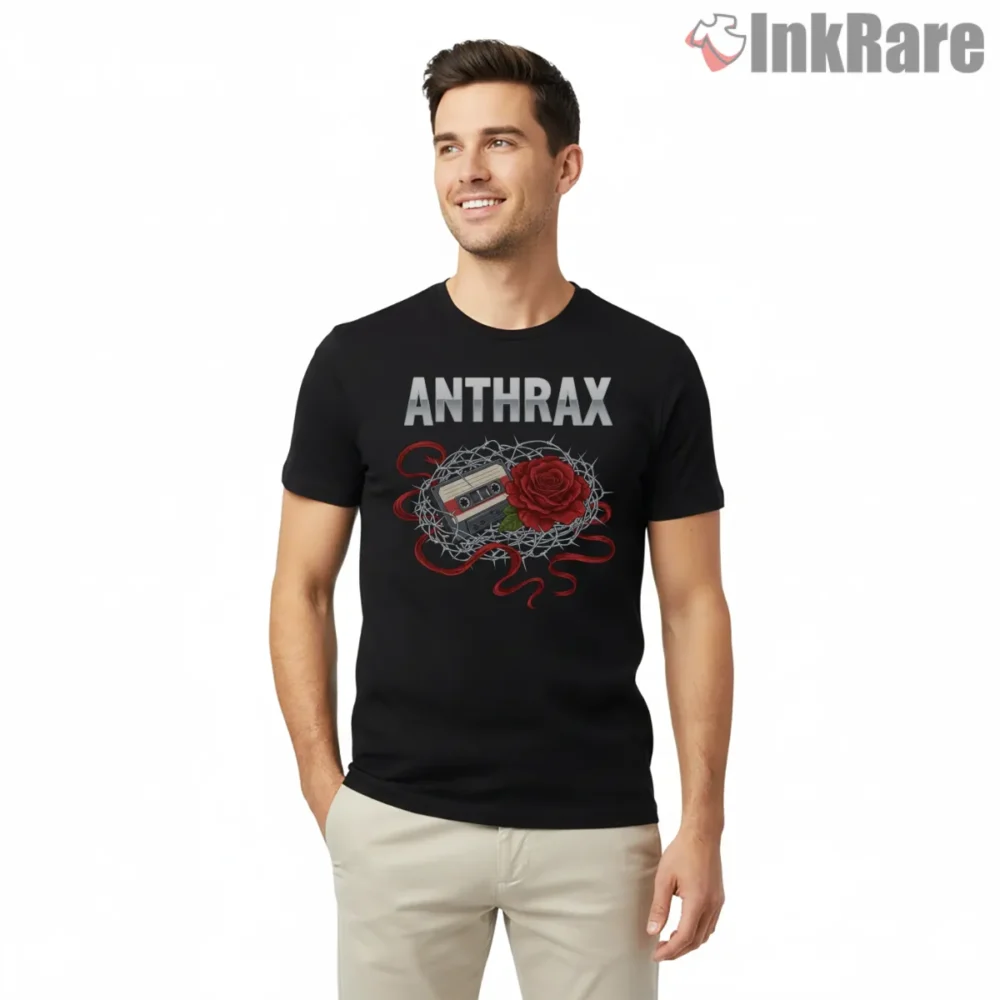 Anthrax Retro Cassette Rose Barbed Wire Shirt on black short sleeve shirt for men graphic tee