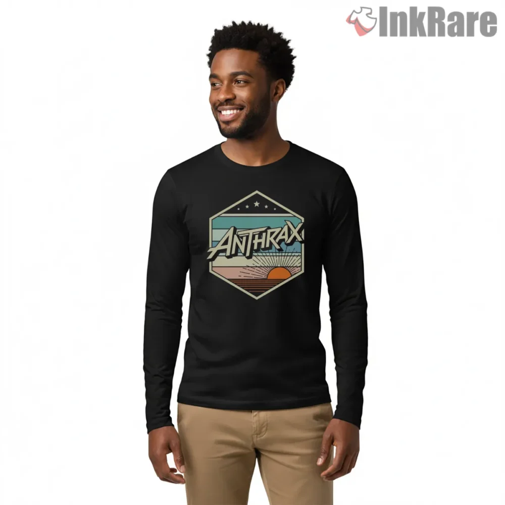 Anthrax Retro Desert Sunset Logo Shirt on black long sleeve shirt for men graphic tee