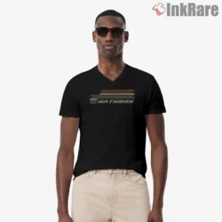 Anthrax Retro Racing Stripes Logo Shirt on black v-neck shirt for men graphic tee