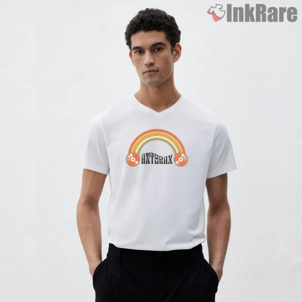 Anthrax Retro Rainbow Seventies Logo Shirt on white v-neck shirt for men graphic tee