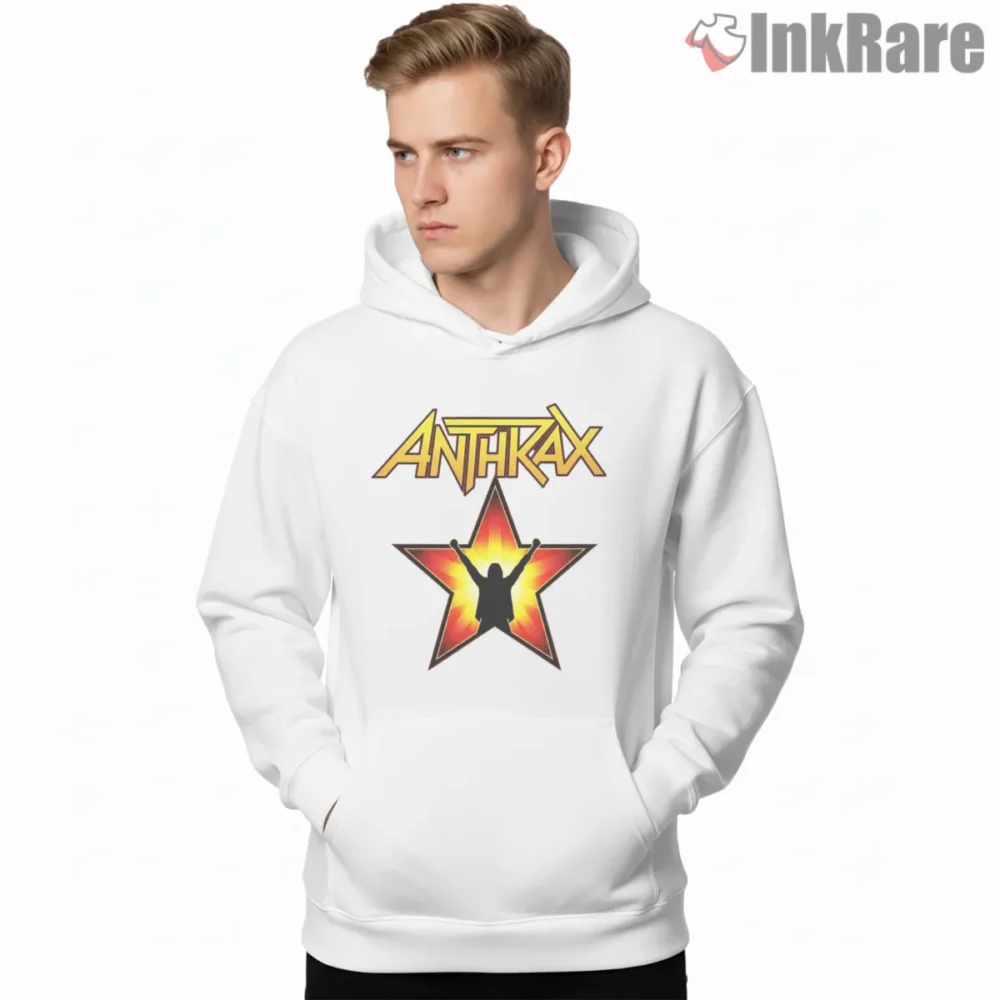 Anthrax Rising Star Logo Silhouette Shirt on white hoodie for men graphic tee