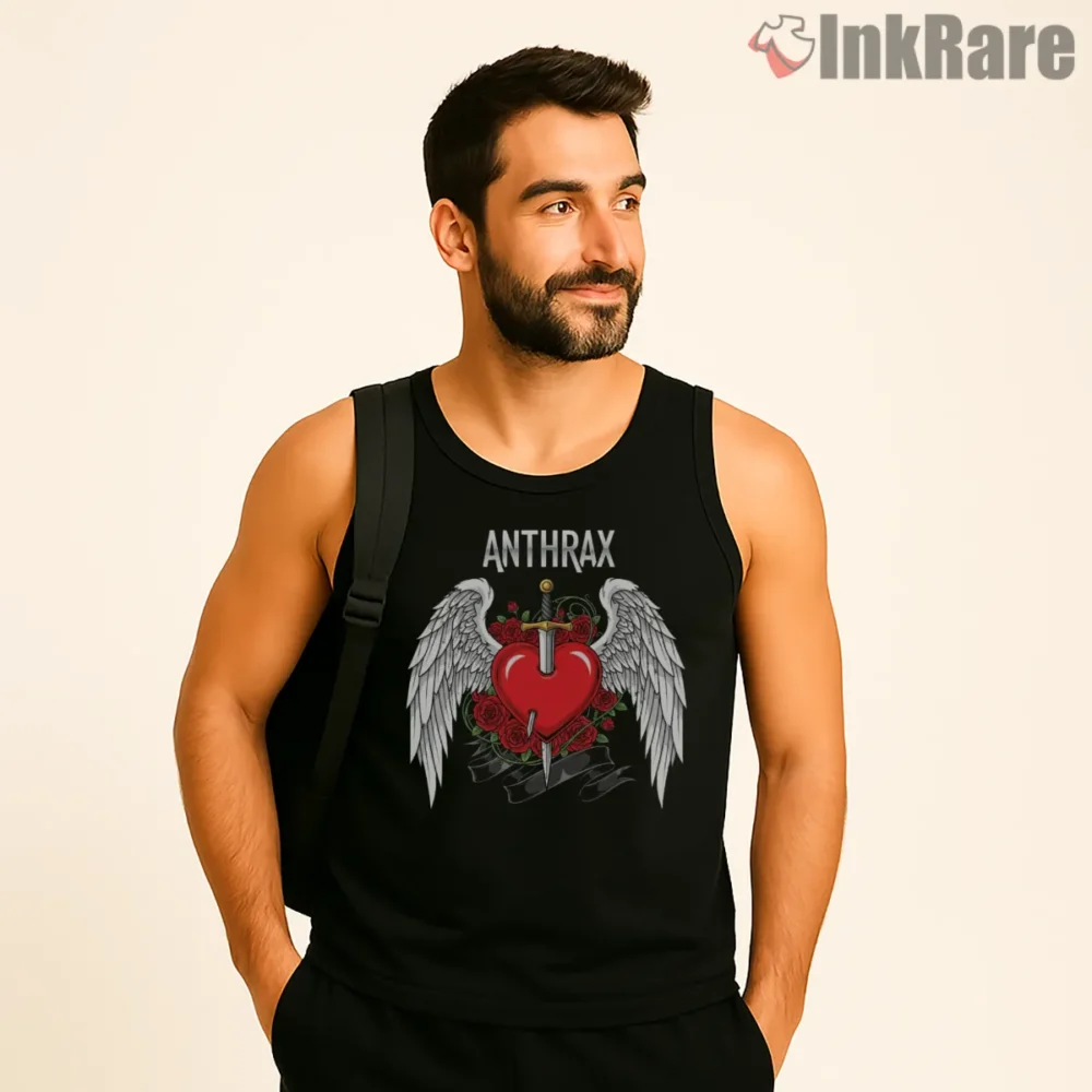 Anthrax Sacred Heart With Angel Wings Shirt on black tank top for men graphic tee