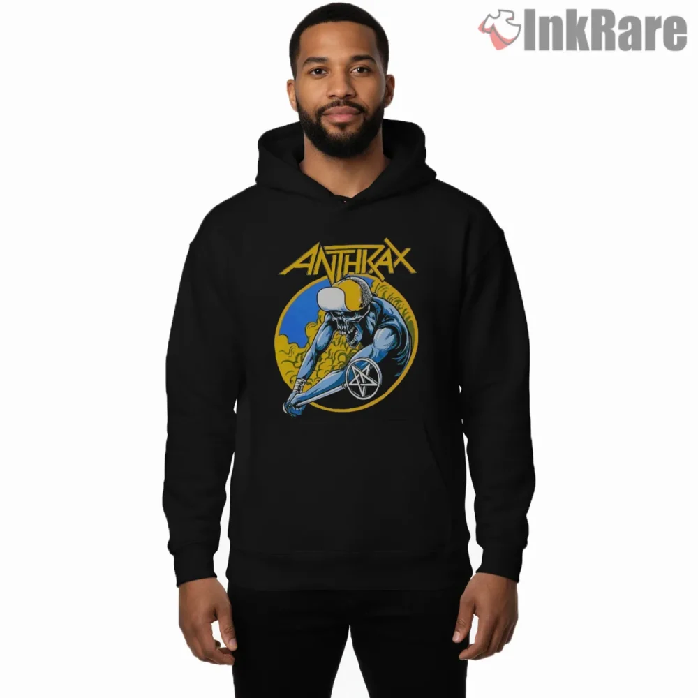 Anthrax Skater Gas Mask Logo Shirt on black hoodie for men graphic tee