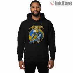Anthrax Skater Gas Mask Logo Shirt on black hoodie for men graphic tee