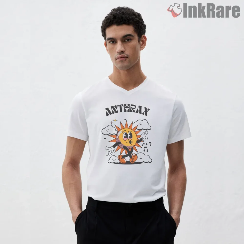 Anthrax Smiling Sun Cartoon Logo Shirt on white v-neck shirt for men graphic tee