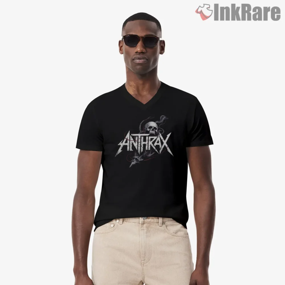 Anthrax Smoky Shard Logo Attack Shirt on black v-neck shirt for men graphic tee