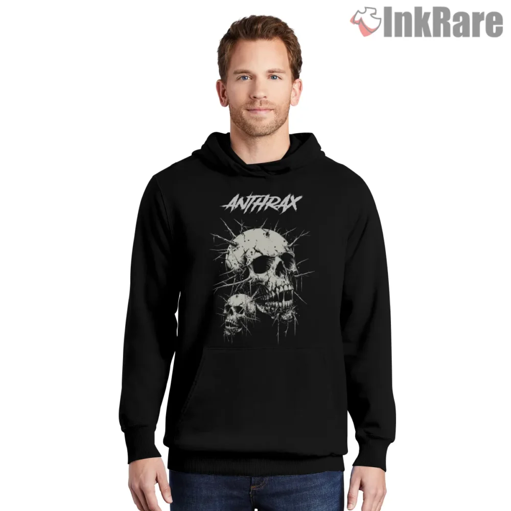 Anthrax Spiked Skulls Vintage Merch Shirt on black hoodie for men graphic tee