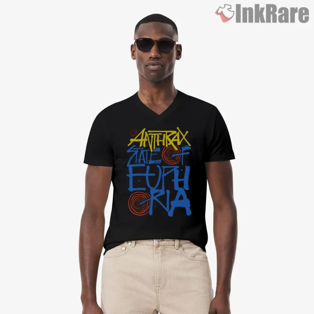 Anthrax State Of Euphoria Graffiti Shirt on black v-neck shirt for men graphic tee