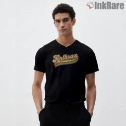 Anthrax Sunset Stripes Retro Script Shirt on black v-neck shirt for men graphic tee