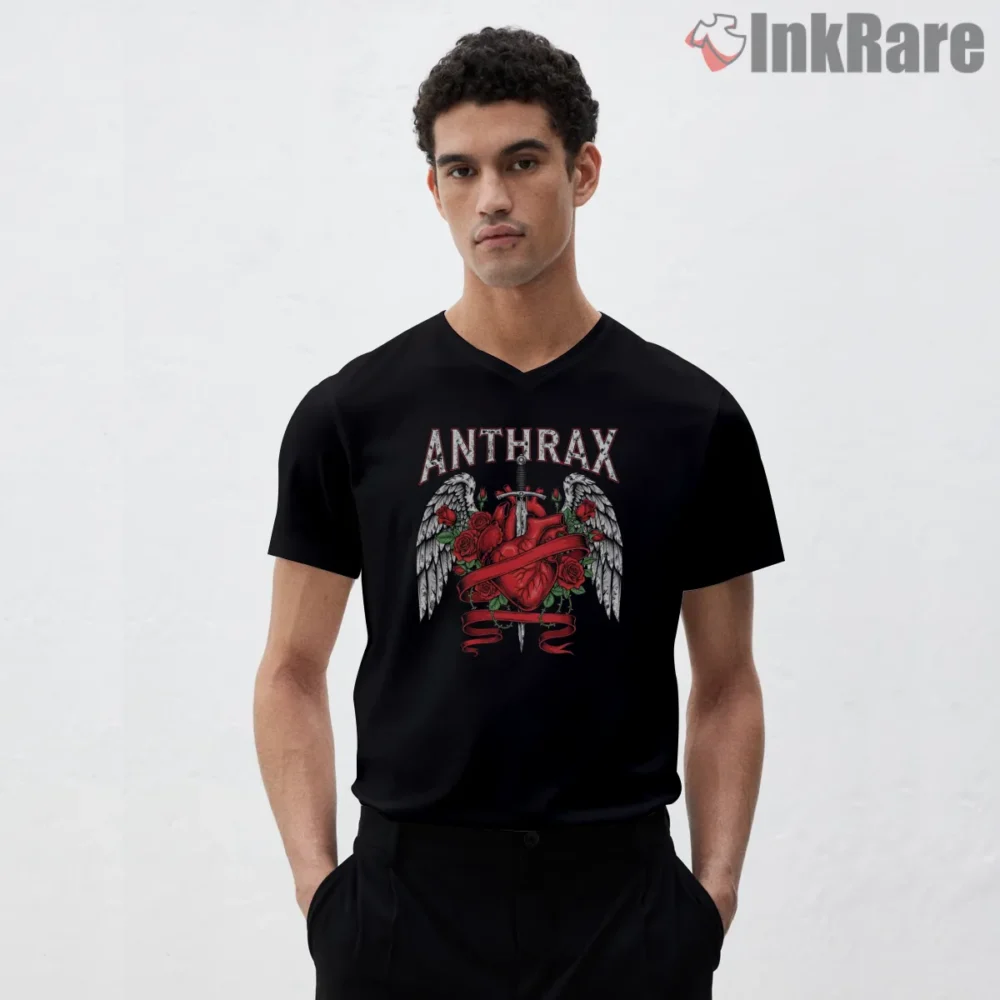 Anthrax Sword Through Heart Roses Shirt on black v-neck shirt for men graphic tee