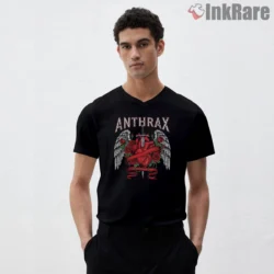 Anthrax Sword Through Heart Roses Shirt on black v-neck shirt for men graphic tee