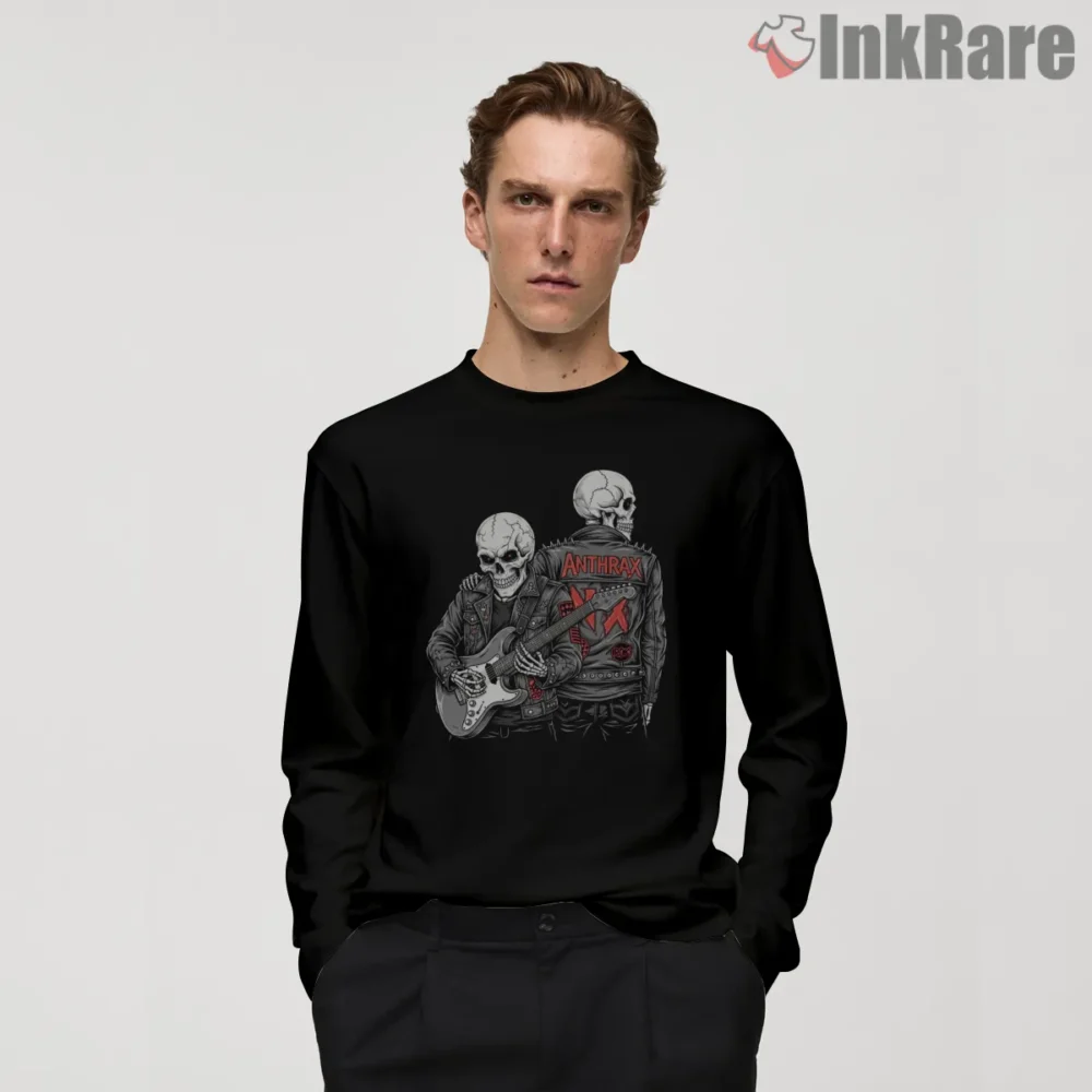 Anthrax Twin Skeleton Street Guitar Shirt on black long sleeve shirt for men graphic tee