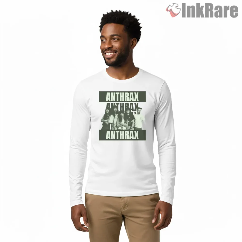 Anthrax Vintage Green Photo Block Logo Shirt on white long sleeve shirt for men graphic tee