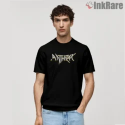 Anthrax Vintage White Script Logo Shirt on black short sleeve shirt for men graphic tee