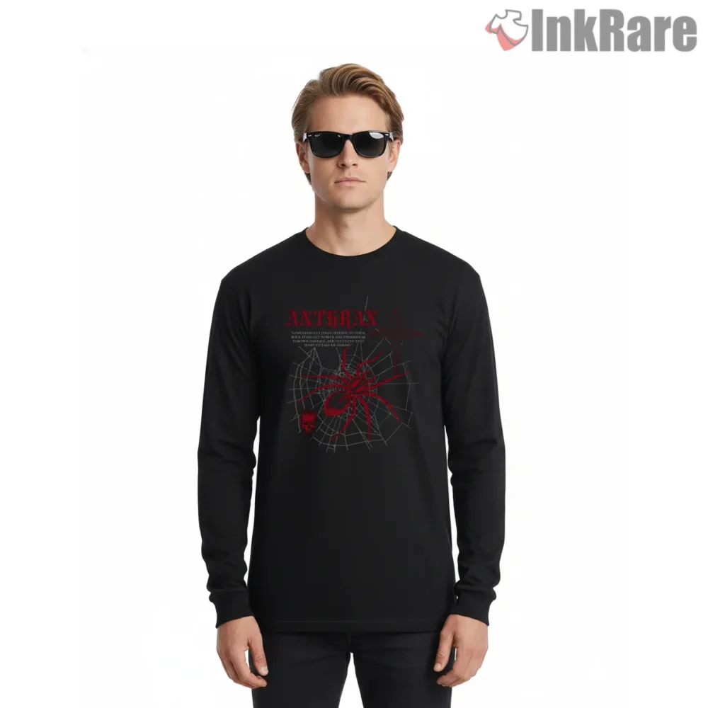 Anthrax Web Of Madness Skull Spider Shirt on black long sleeve shirt for men graphic tee