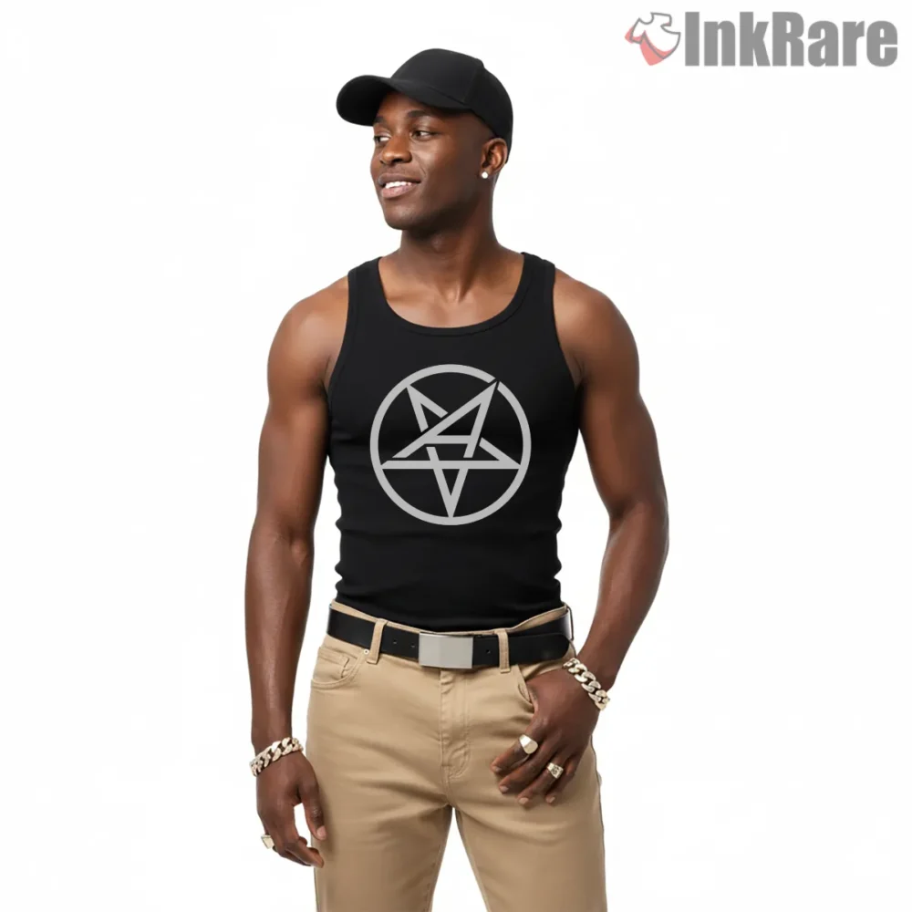 Anthrax White Circle Star Symbol Shirt on black tank top for men graphic tee