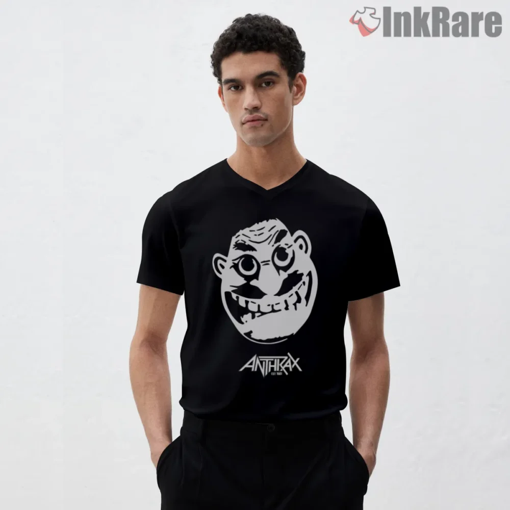 Anthrax White Crazy Face Logo Shirt on black v-neck shirt for men graphic tee