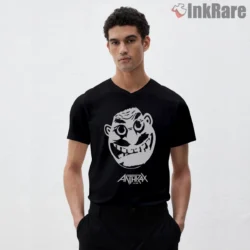 Anthrax White Crazy Face Logo Shirt on black v-neck shirt for men graphic tee
