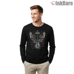 Anthrax Winged Guitar Barbed Wire Ribbon Shirt on black long sleeve shirt for men graphic tee