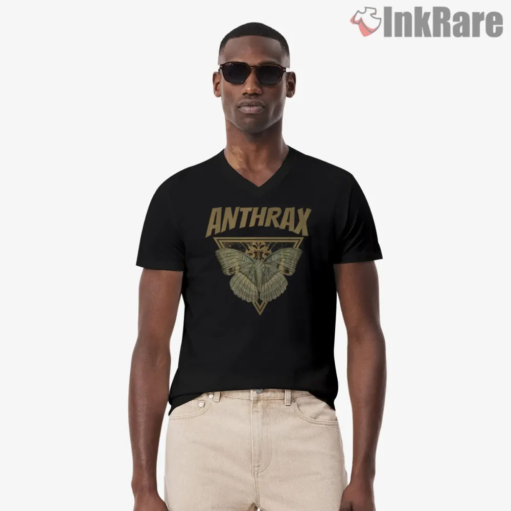 Anthrax Wings Of Chaos Butterfly Metal Shirt on black v-neck shirt for men graphic tee