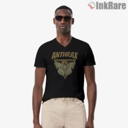 Anthrax Wings Of Chaos Butterfly Metal Shirt on black v-neck shirt for men graphic tee