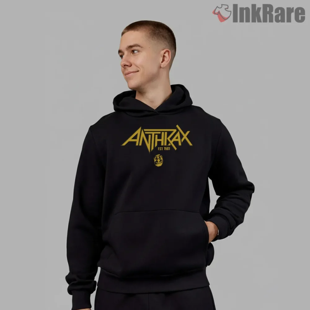 Anthrax Yellow Crest Skull Globe Logo Shirt on black hoodie for men graphic tee
