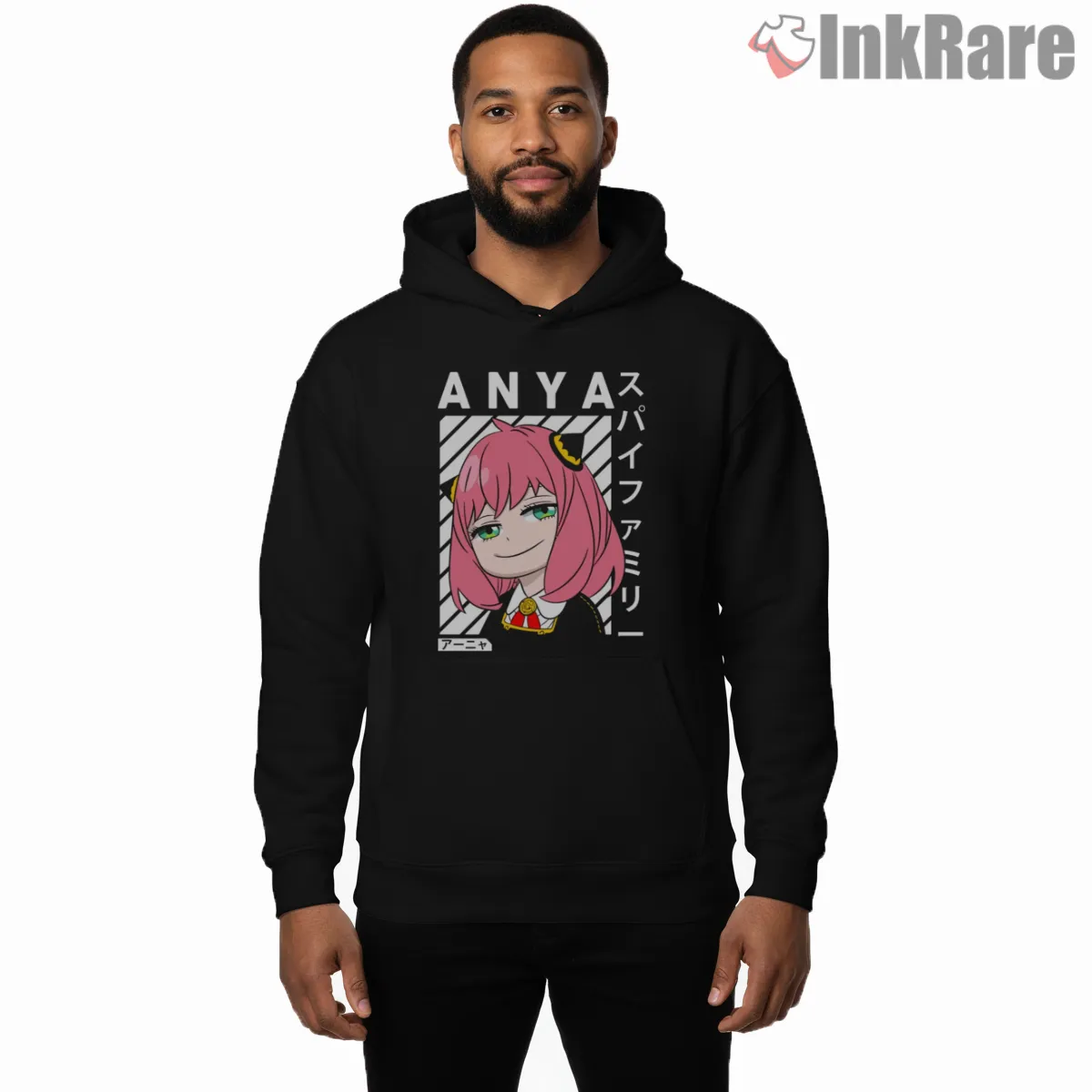 Anya Forger Minimal Manga Portrait Cute Anime Shirt on black hoodie for men graphic tee