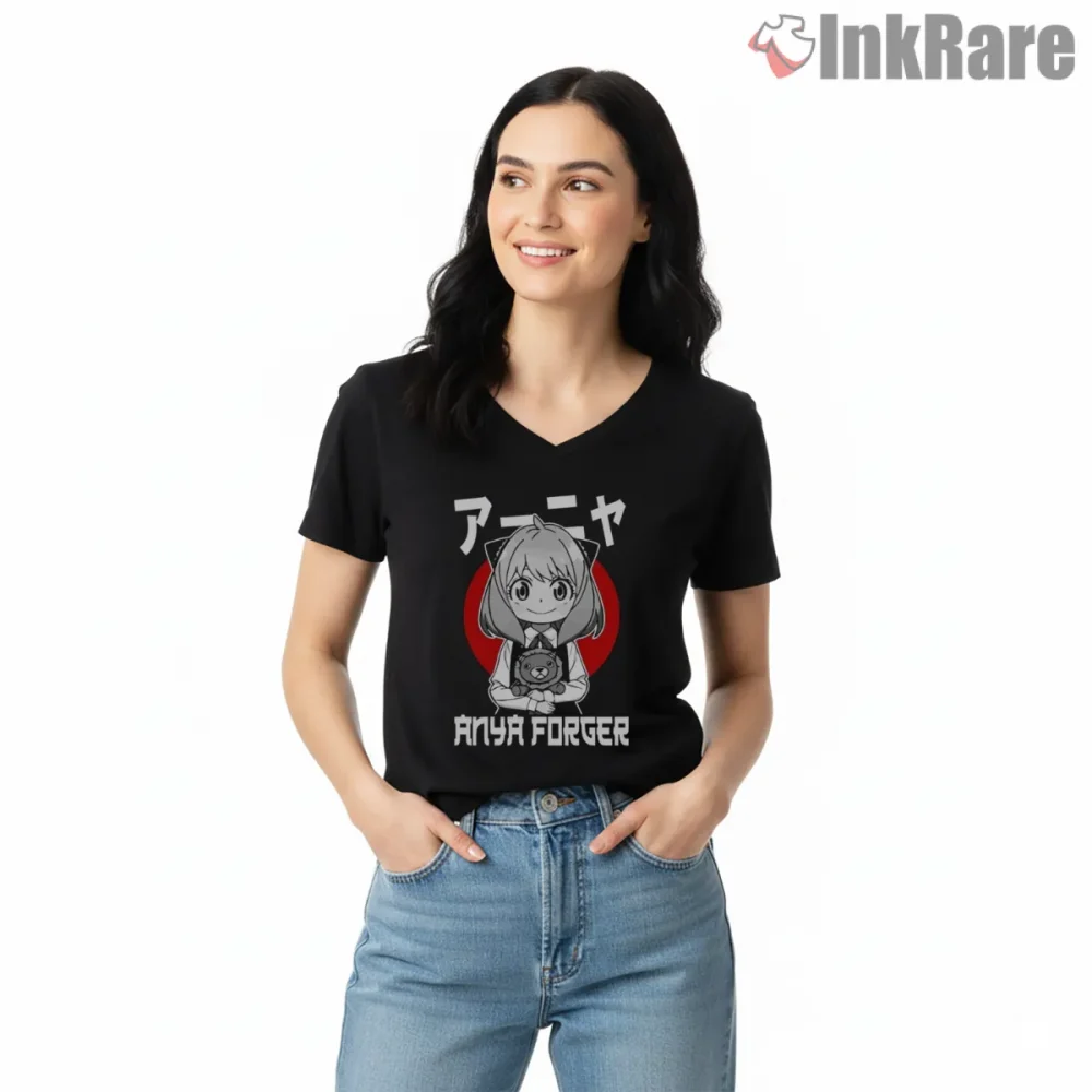 Anya Forger Peanut Lover Retro Manga Anime Shirt on black v-neck shirt for women graphic tee