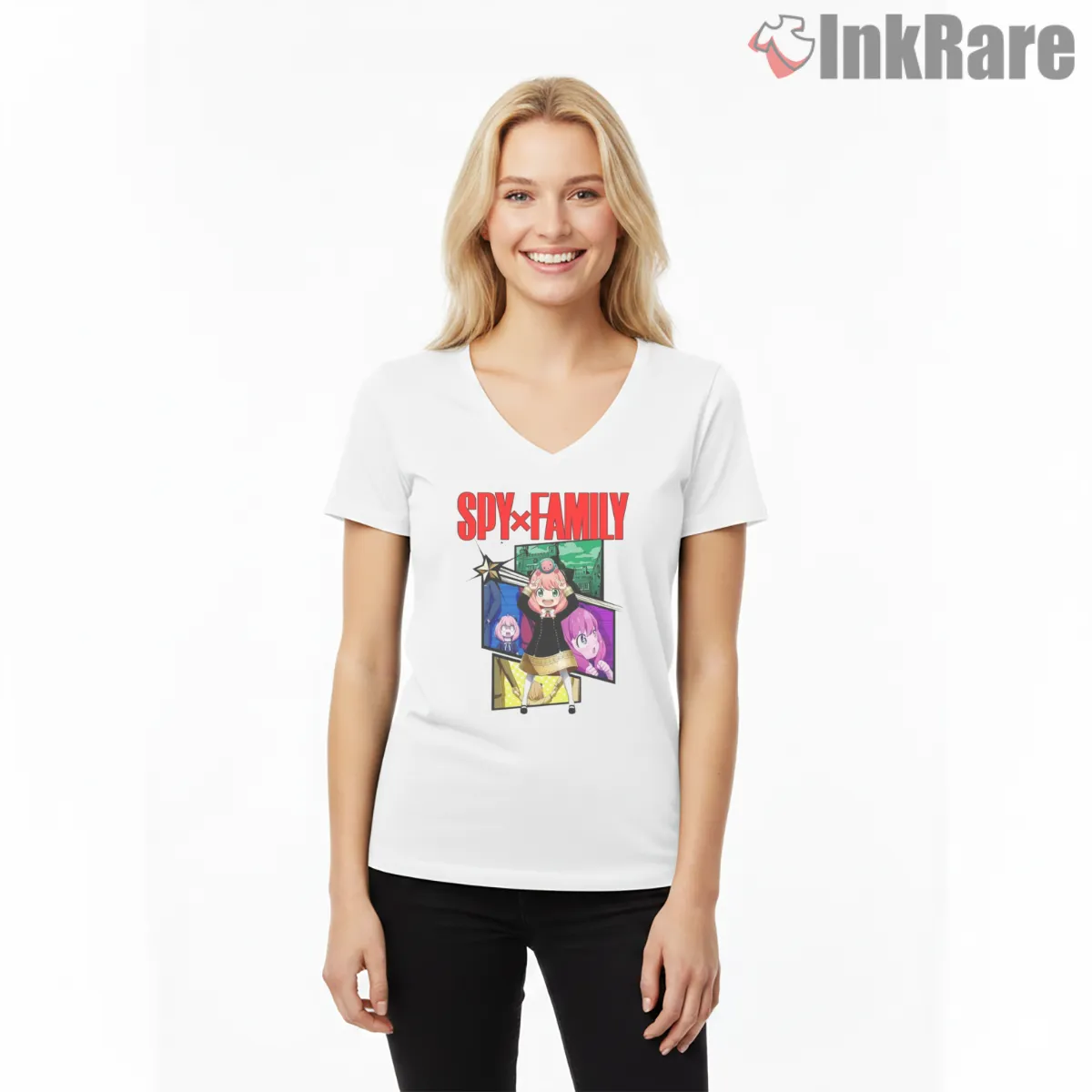 Anya Forger Pop Art Comic Panel Anime Shirt on white v-neck shirt for women graphic tee