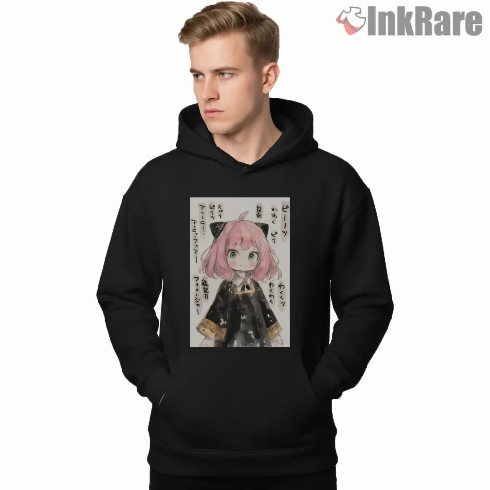 Anya Forger Traditional Ink Wash Art Anime Shirt on black hoodie for men graphic tee