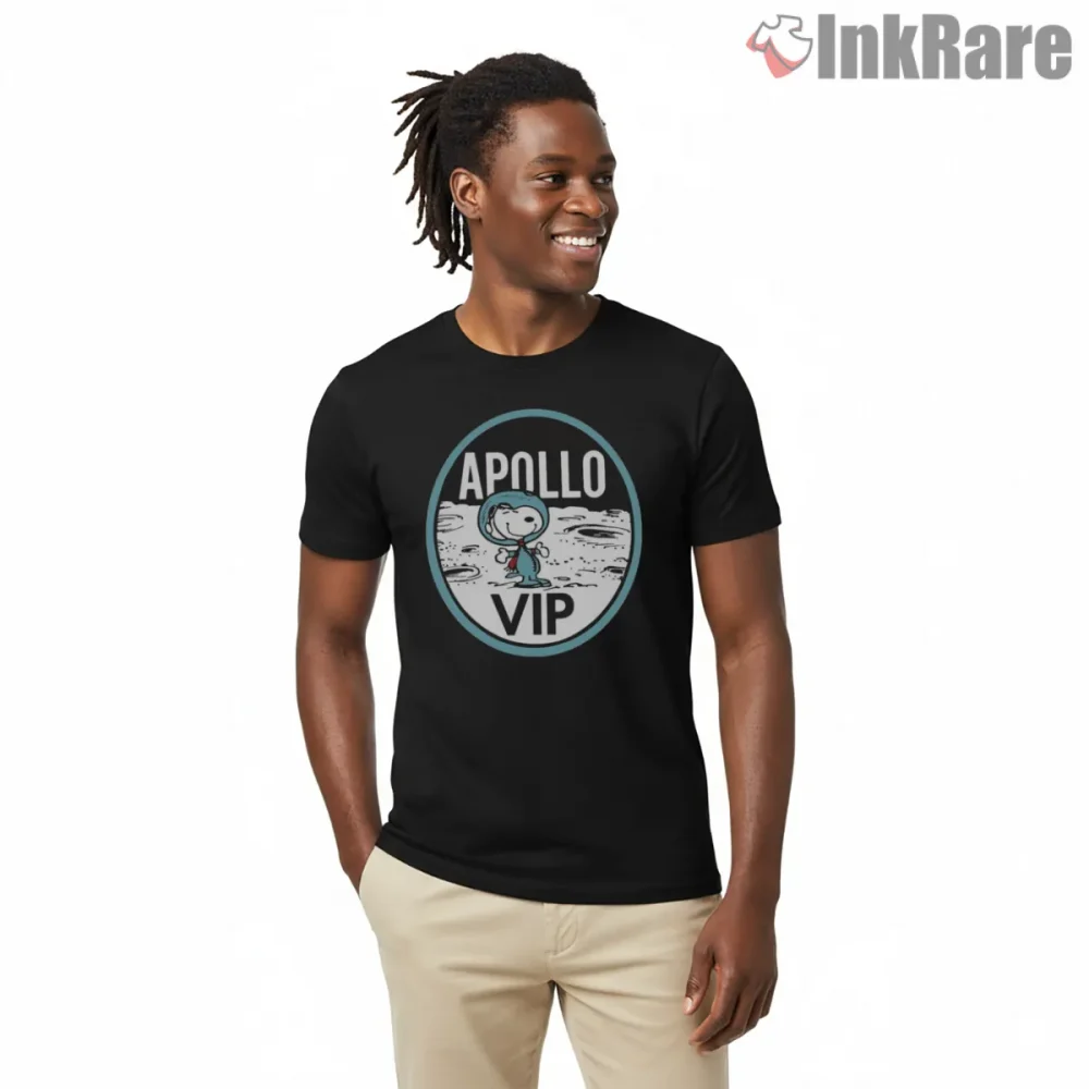 Apollo Vip Snoopy Astronaut Badge Shirt on black short sleeve shirt for men graphic tee