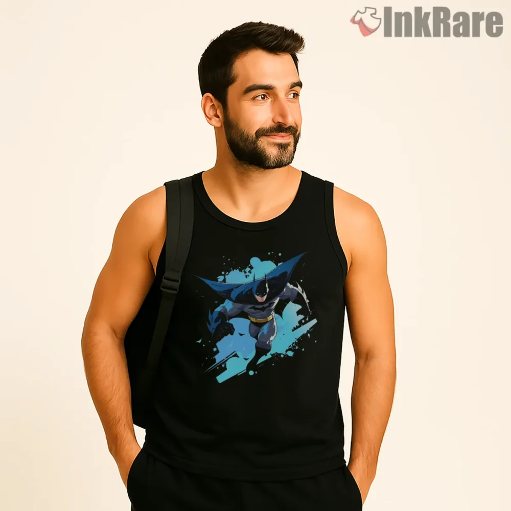 Aqua Burst Sprinting Batman Shirt on black tank top for men graphic tee