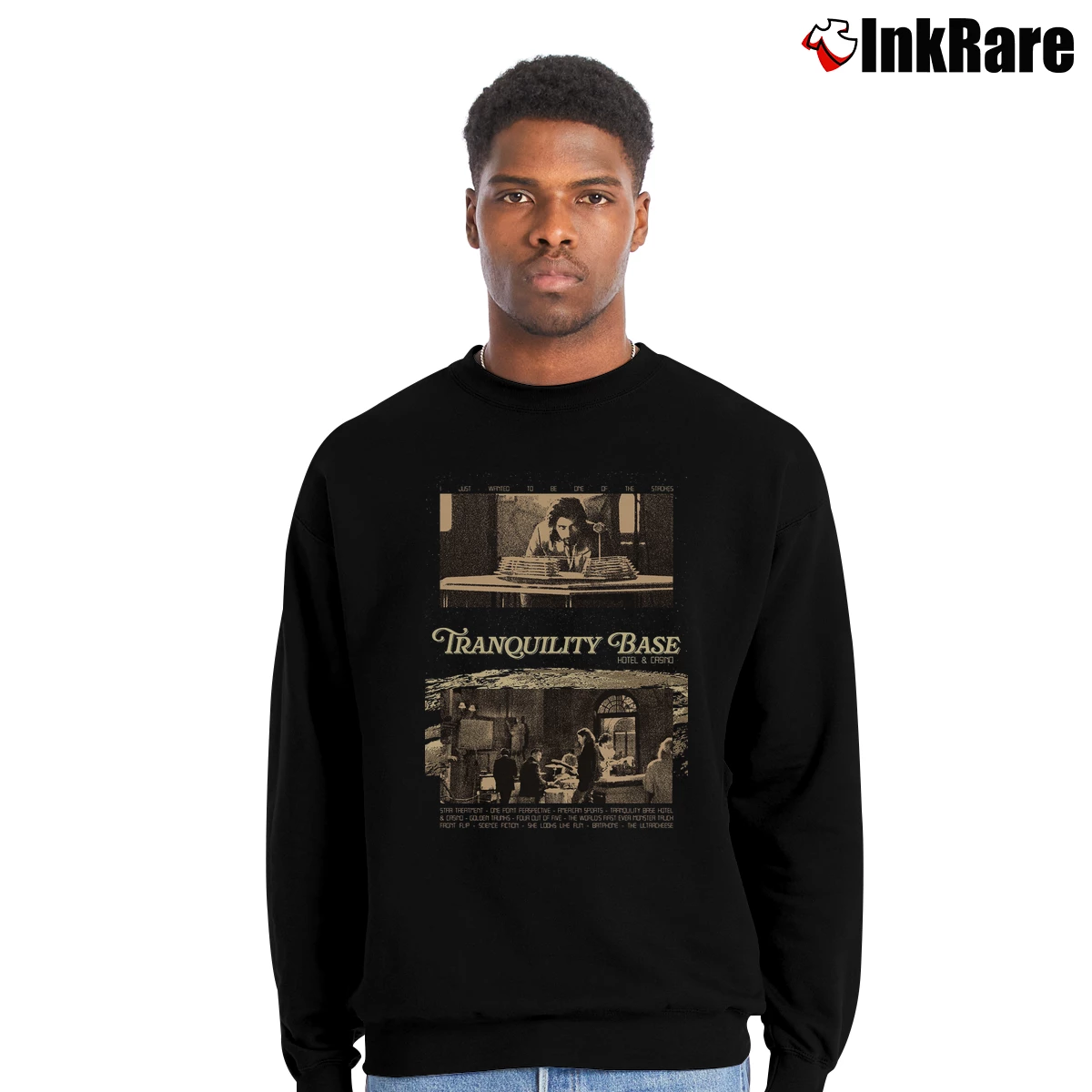 Men’s Arctic Monkeys Tranquility Base Hotel And Casino Crewneck Sweatshirt in black | Cozy Fabric, Clean Style