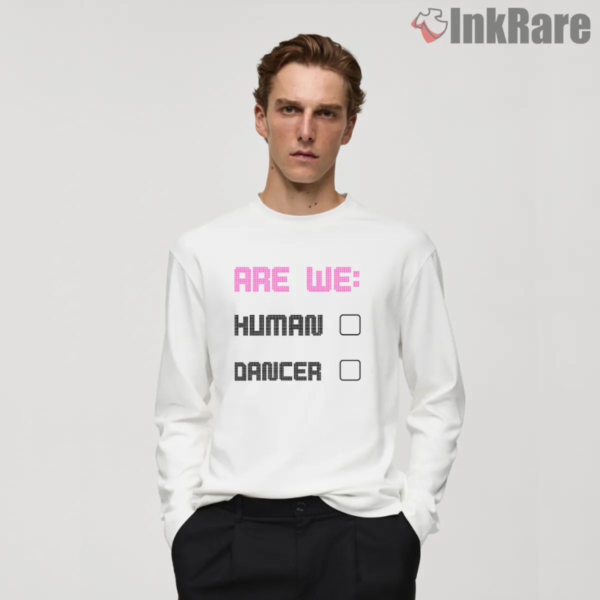 Men long sleeve white shirt with Are We Human The Killers print