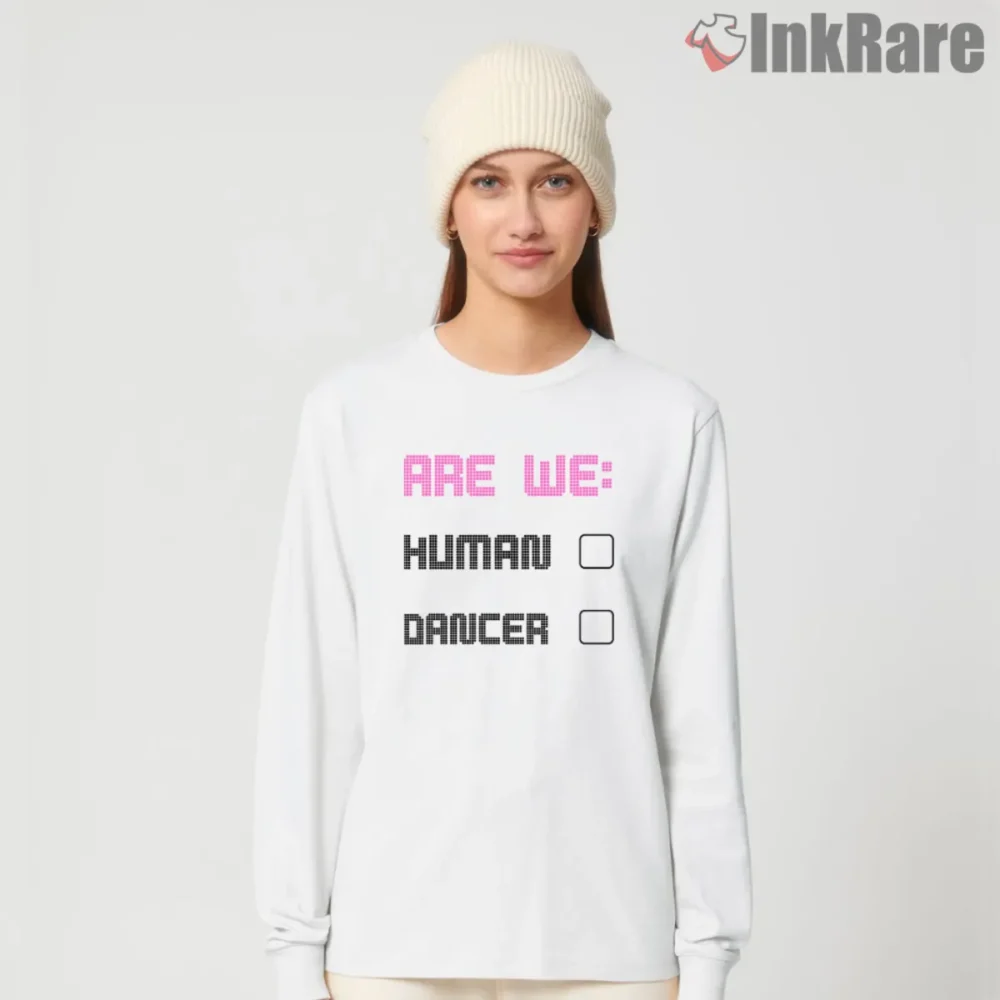 White women long sleeve with Are We Human The Killers graphic and playful checkbox layout