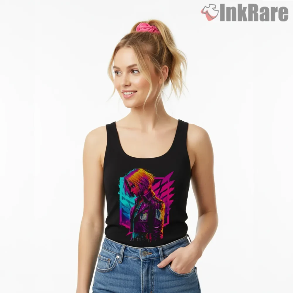 Armin Arlert Neon Rebel Jacket Shirt on black tank top for women graphic tee