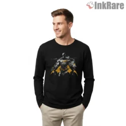 Armored Batman Orange Impact Splash Shirt on black long sleeve shirt for men graphic tee
