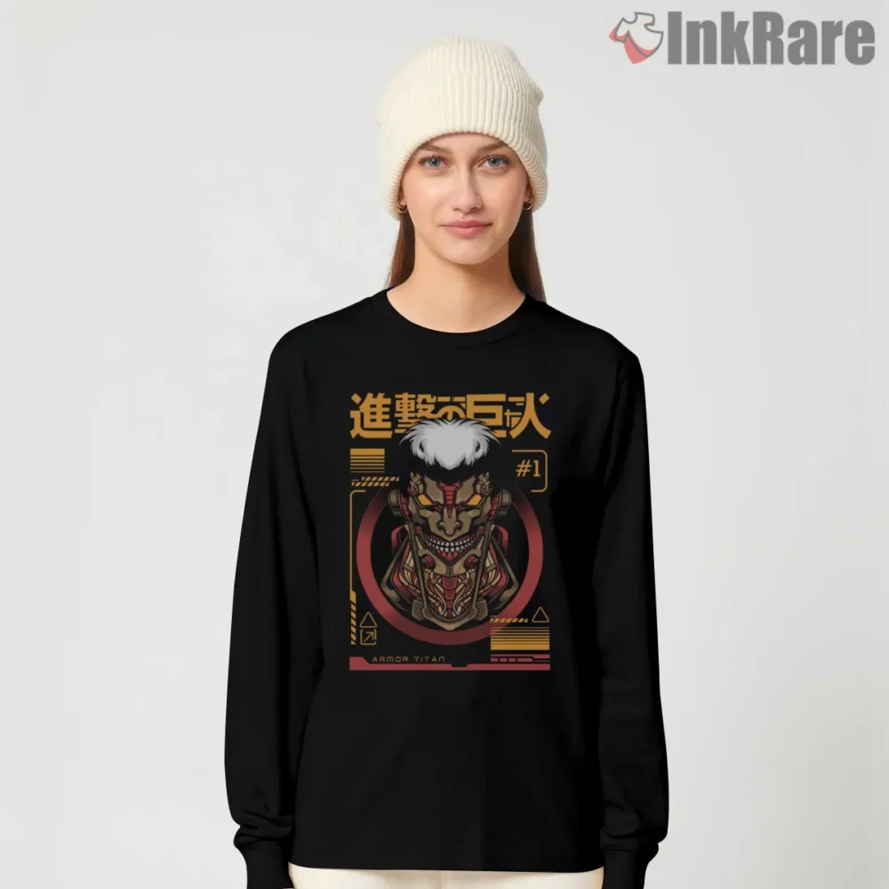 Armored Titan Roaring Golden Emblem Shirt on black long sleeve shirt for women graphic tee