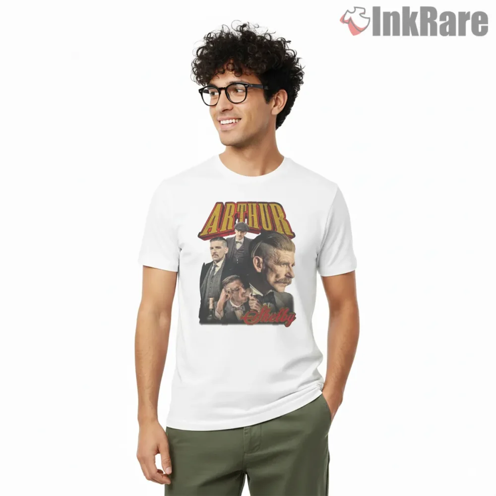 Arthur Shelby Vintage 90s Collage Portrait Shirt on white short sleeve shirt for men graphic tee