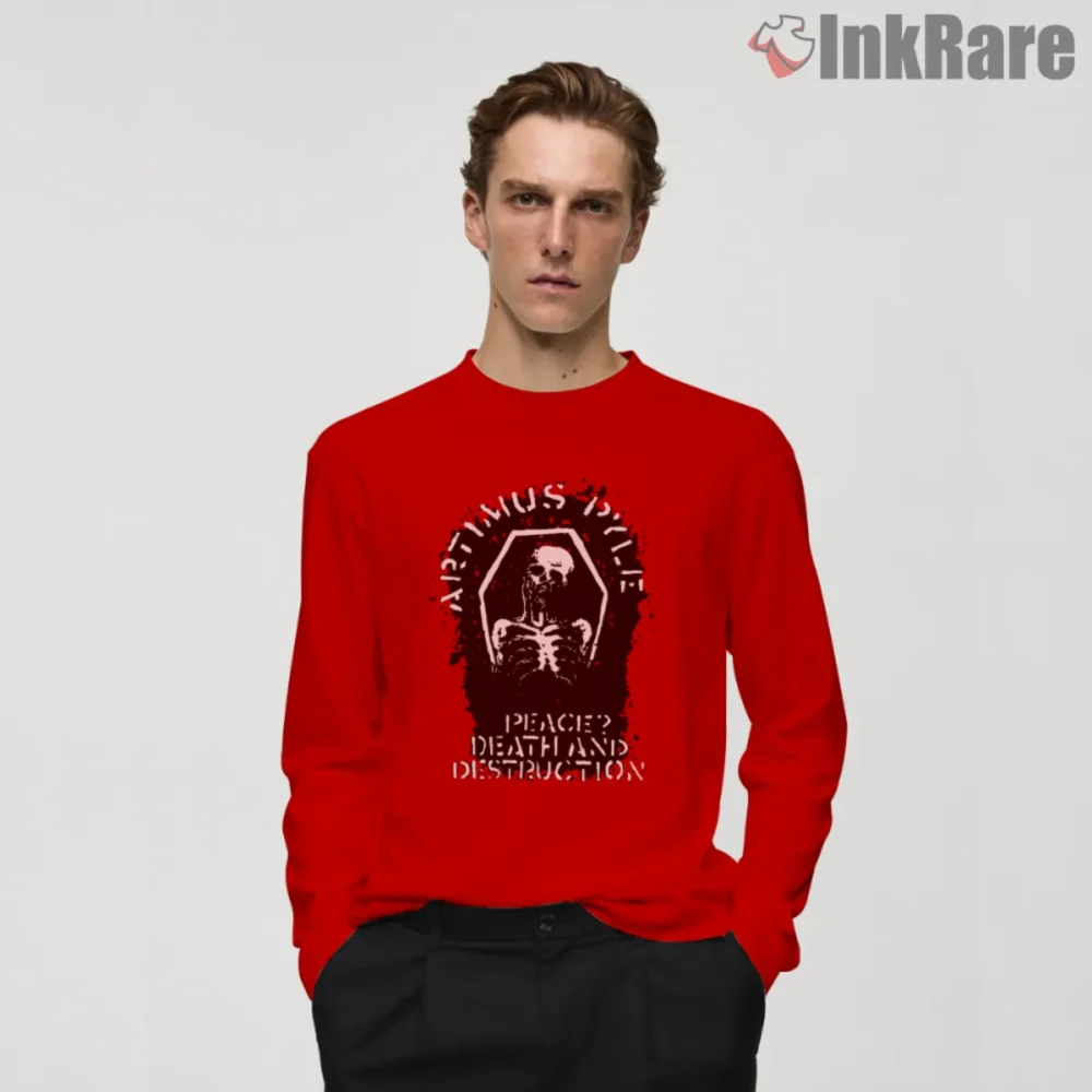Men long sleeve red with stencil skeleton artwork