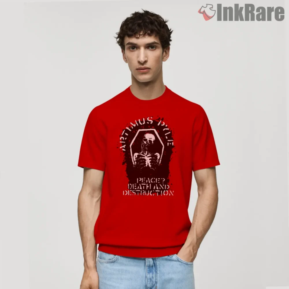Artimus Pyle Peace Death Destruction Shirt front view skeleton stencil on red