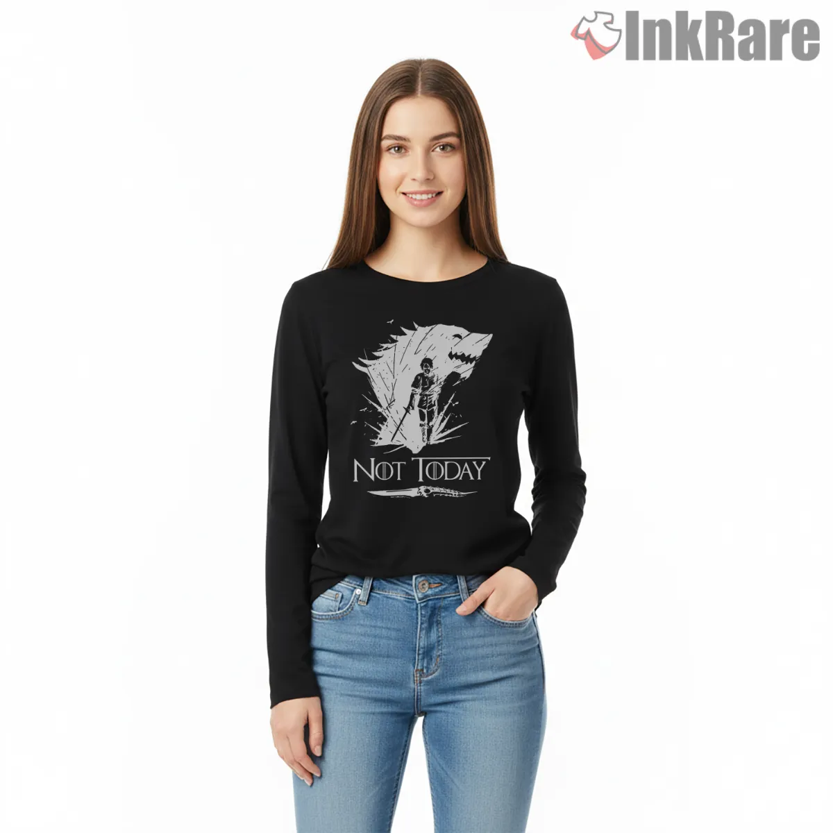 Arya Stark Not Today Silhouette Minimal Long Sleeve Black Arya Stark Not Today Silhouette Minimal Shirt on black long sleeve shirt for women graphic tee
